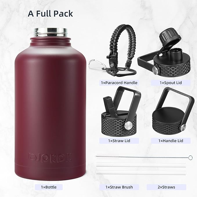 BJPKPK Half Gallon Insulated Water Bottles with Straw Lid, 64oz Large Water Jug, Stainless Steel Bottles with 3 Lids and Paracord Handle, Thermo for Hot & Cold Liquid, Brick Red
