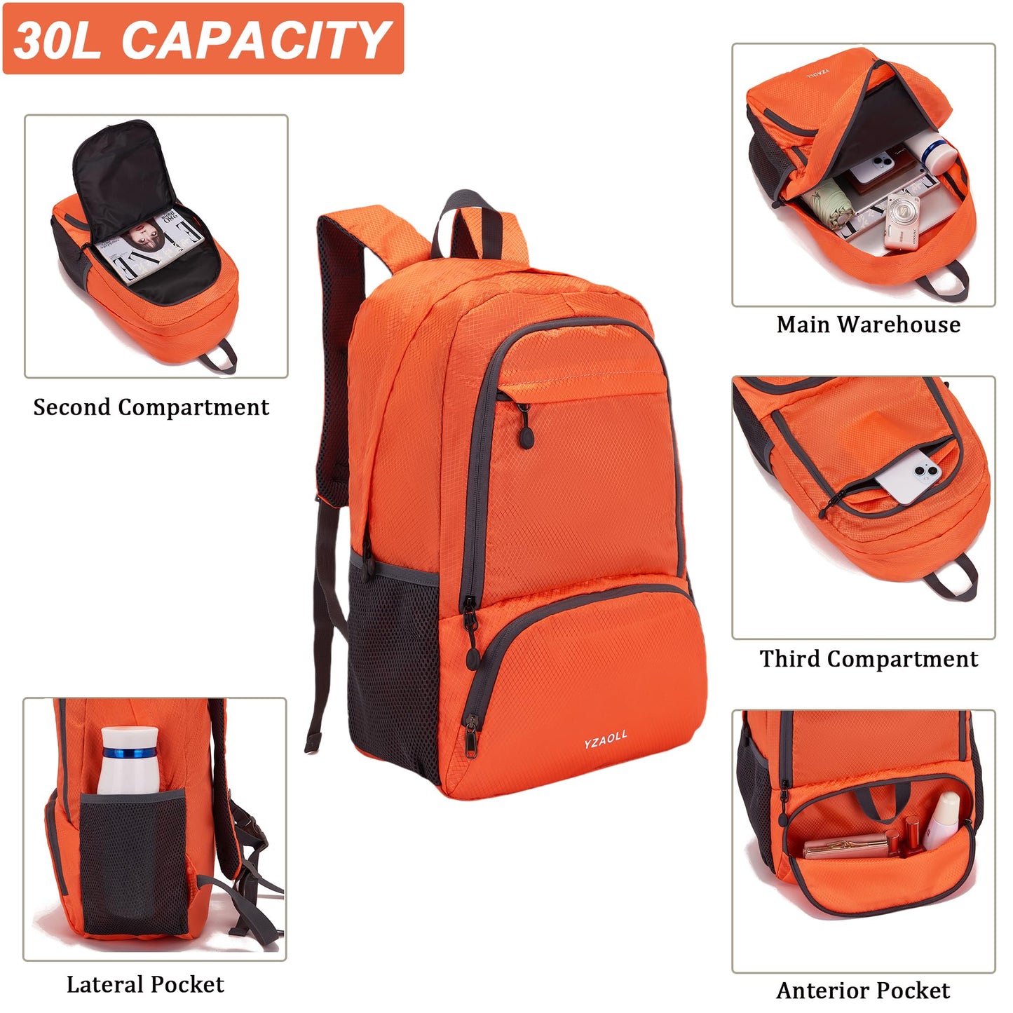 YZAOLL 30L Lightweight Packable Travel Hiking Backpack Daypack Foldable Backpack Water Resistant Daypack for Women Men