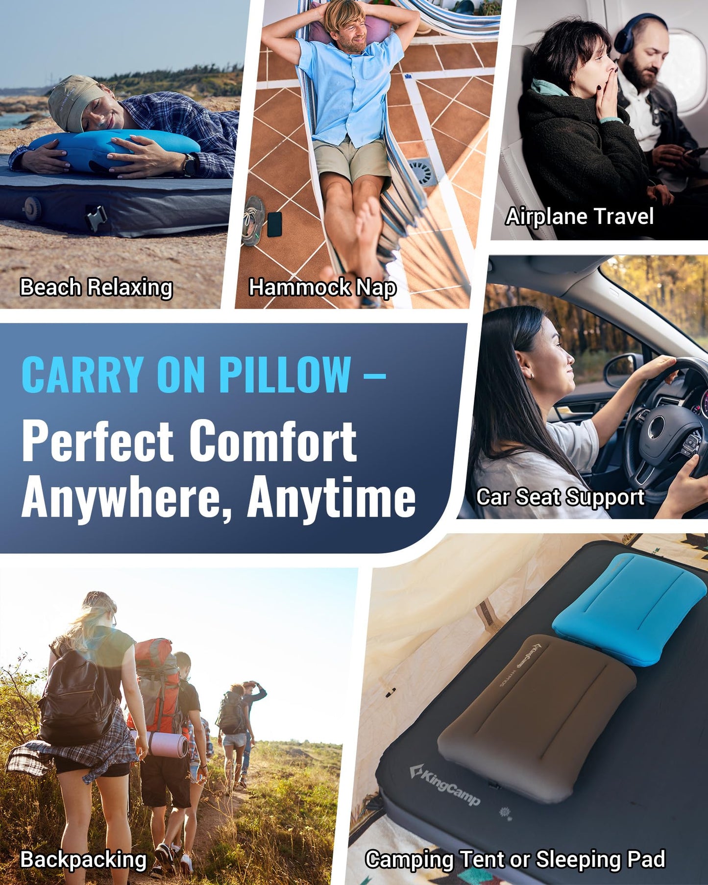 KingCamp Inflatable Pillow for Camping, Extra Large Inflatable Camp Pillow, Portable Ergonomic Air Pillow with Removable Washable Cover for Camping, Hiking, Car, Beach, Travel, Grey