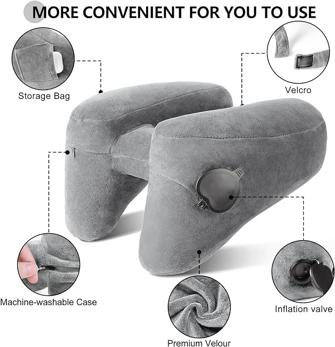 Sunany Neck Pillow for Travel Inflatable Airplane Pillow Comfortably Supports Head, Neck and Chin, Inflatable Travel Pillow with Soft Velour Cover and Portable Drawstring Bag (Grey)