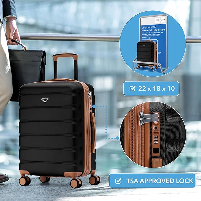 Carry On Suitcase Hardside TSA Lock & USB Port Silent Double Spinner Wheels Maximum Overhead Carry-On Bag Approved For Many Airlines( 22x18x10" ,Black/Tan )