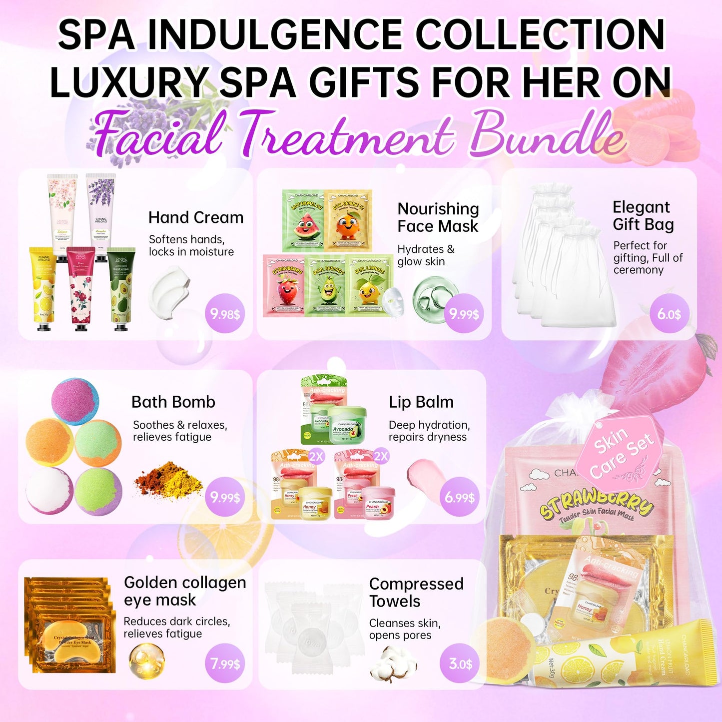 35 Pcs Spa Party Supplies for 5 – Spa Gifts for Women, Girls & Kids | Spa Set with Eye & Face Masks, Lip Balm, Hand Cream, Bath Bombs, Towels & Gift Bags | Spa Kit for Birthdays, Sleepovers, Spa Days