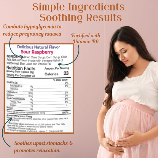 Preggie Pop Drops Plus with Vitamin B6 for Pregnancy Nausea Relief, Morning Sickness Candy with Essential Oils for Pregnant Women – Natural Raspberry, 32 Count