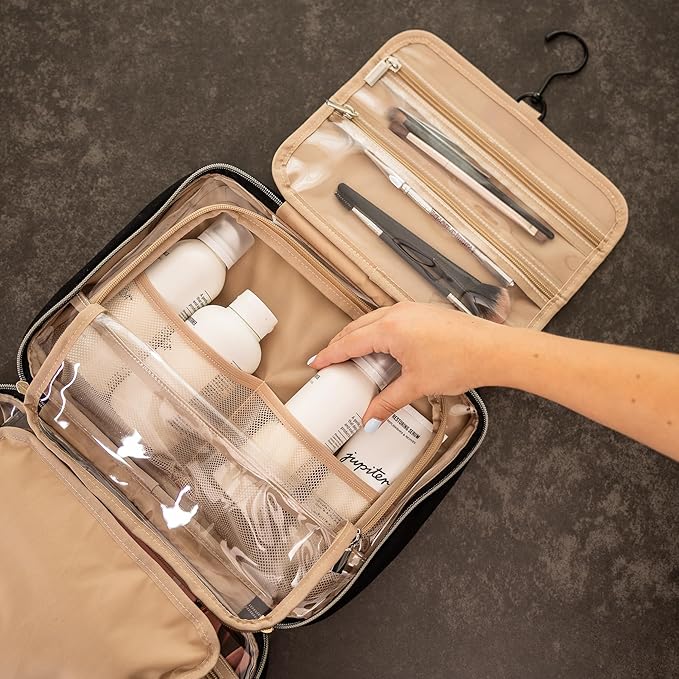 Carrywell |Not Made In China| Hanging Toiletry Travel Bag For Women, Makeup Organizer Case, Water-Resistant Cosmetic Bag For Full-size Containers, Toiletries (Black, Medium)