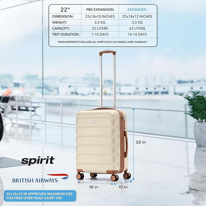 Carry On Suitcase Hardside TSA Lock & USB Port Silent Double Spinner Wheels Maximum Overhead Carry-On Bag Approved For Many Airlines( 22x18x10" ,Cream/Tan )