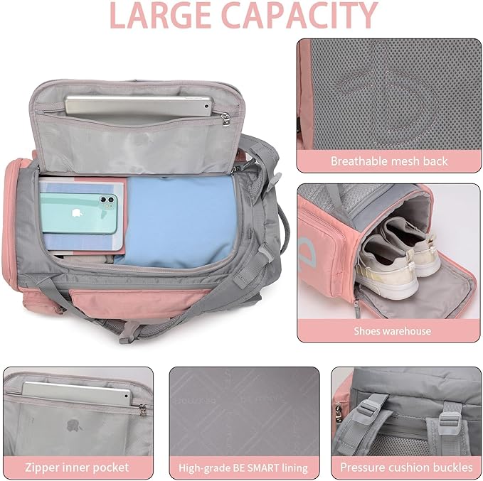 BE SMART 32L Extra Large Gym Backpack for Women, Big Gym Bag with Shoes Compartment, Waterproof Heavy Duty Duffel Bags, Women's Workout Backpacks for Outdoor Sport,Hiking,Camping,Travel