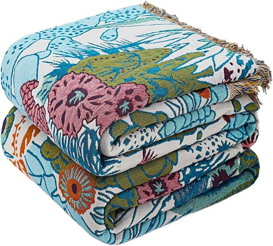 Boho Throw Blanket for Couch, 100% Cotton Cozy Warm Fall Throw Blankets, Ultra Soft Muslin Throw Blankets for Adults, Farmhouse, Boho Home Decors, 60"x80"