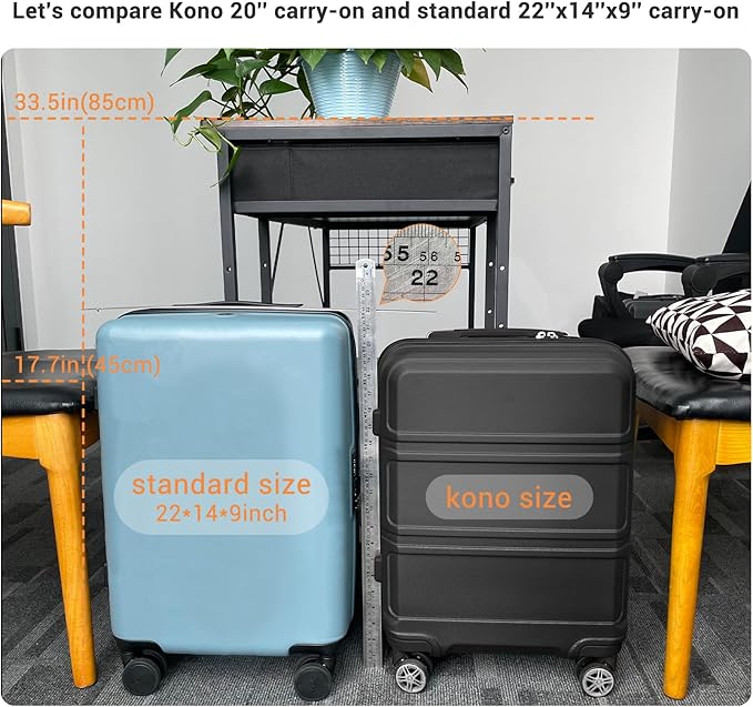 Kono 20'' Carry on Luggage Lightweight with Spinner Wheel TSA Lock Hardside Luggage Durable Small Carry on Suitcase Black