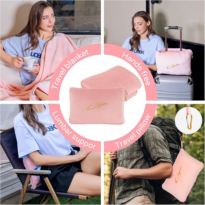 Travel Blanket & Pillow Set, 300 GSM Soft Fleece, 60x43 Inches, 3-in-1 Airplane Blanket, Travel Pillow and Blanket Set, Travel Blanket Airplane Compact with Bag, Travel Essentials, Pink