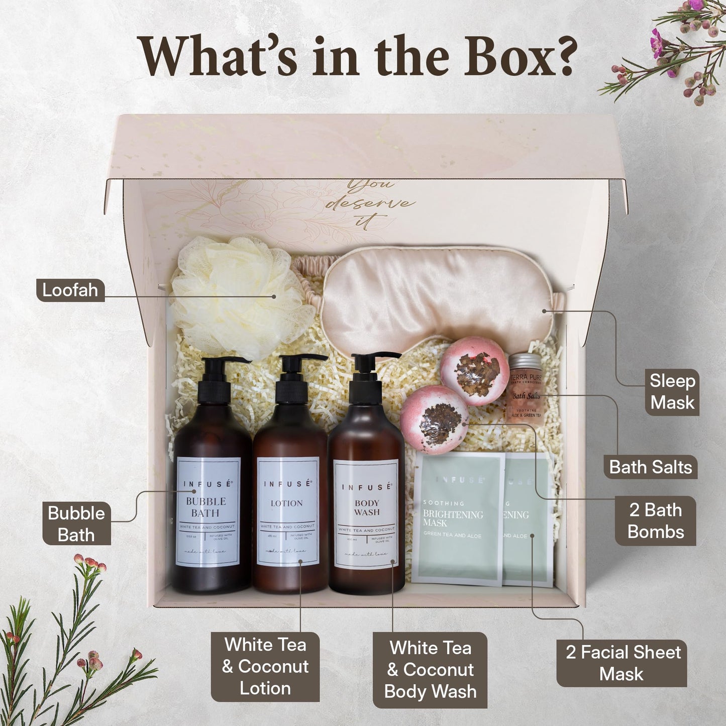 INFUSÉ 10-Piece Spa Gift Box for Women | Self-Care Set with Eye Mask, Loofa,Bath Bombs,Face Masks,Bubble Bath, Lotion, Body Wash & Bath Salt | Gift for Mom, Grandma, Wife, Bridesmaid or Loved Ones
