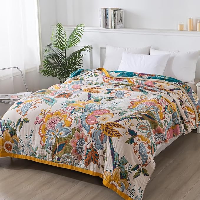 Boho Throw Blanket for Couch, Queen Size Bohemian Bedspread Blankets, Cozy Warm Lightweight Cotton Throw Blanket, Reversible Fall Blanket Floral Pattern, 80"X90"