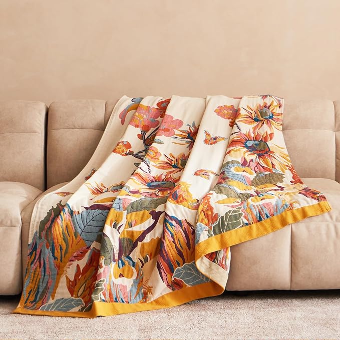 Boho Throw Blanket for Couch 100% Cotton Ultra Soft Rustic Quilt Butterfly and Floral Double Embroidery Fall Throw Blanket,50" x 60" All Season Throws for Sofa Chair