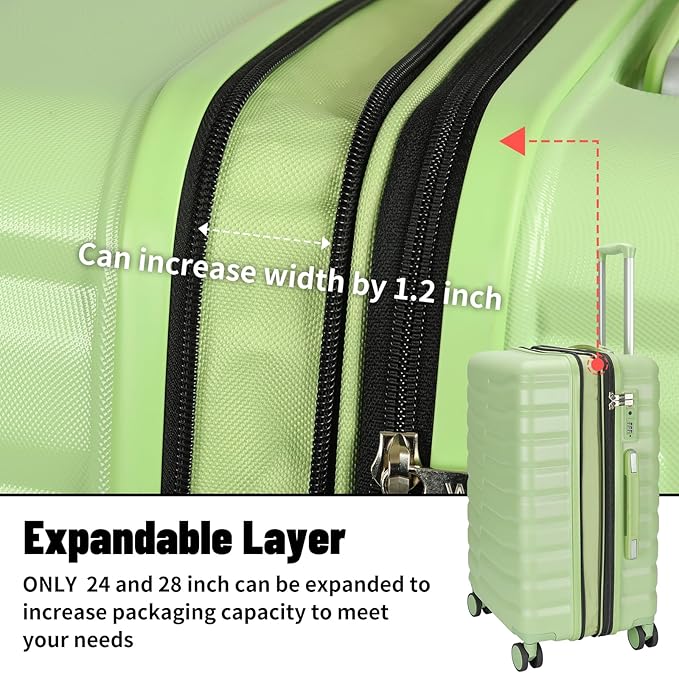 5-Piece Luggage Set, Lightweight ABS+PC Hard Shell Suitcase with YKK Zipper & TSA Lock for Family, Avocado Green, 14in/18in/20in/24in/28in