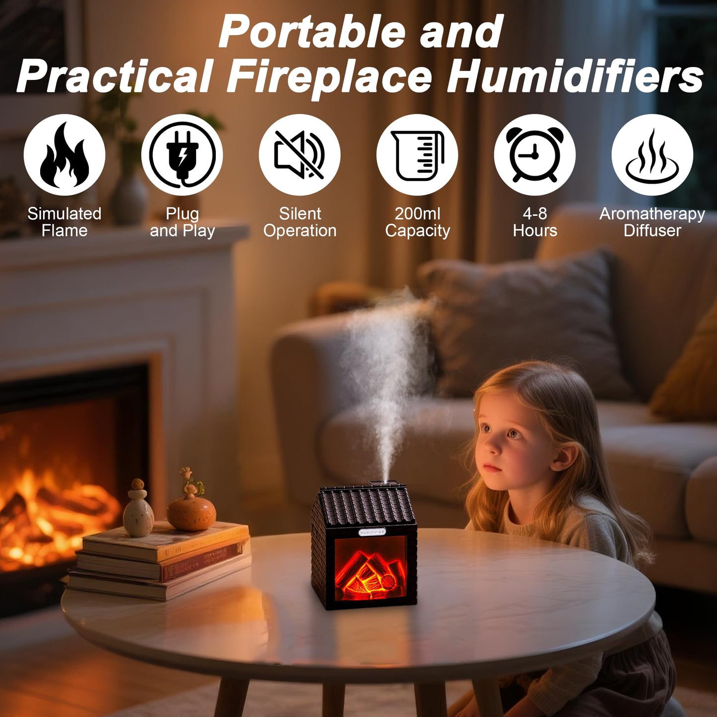 Fireplace Humidifier Diffuser,200ml Aromatherapy Essential Oil Diffuser with Cool Mist,Portable Aroma Humidifiers with Waterless Auto-Off for Home Office Bedroom Yoga (Brown)