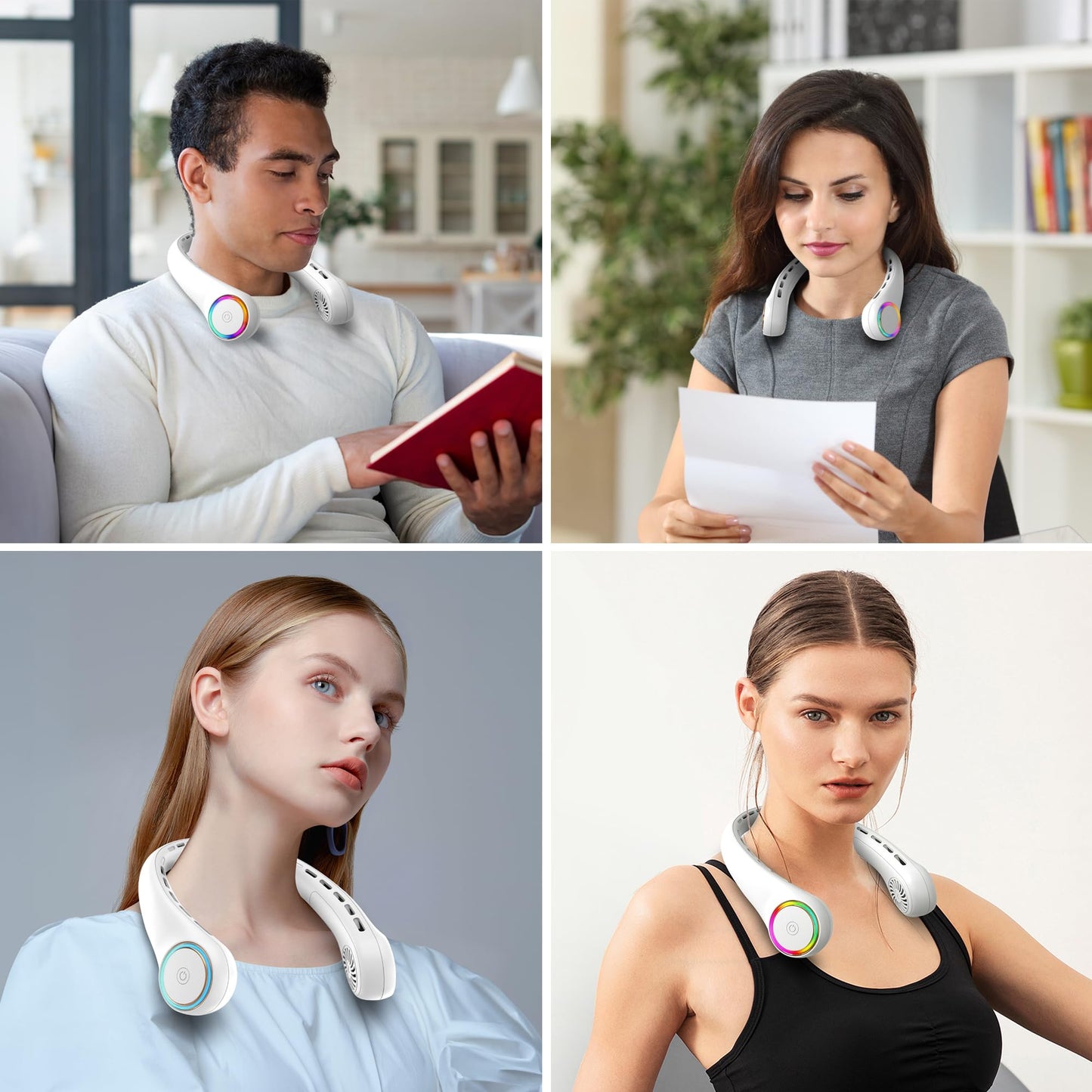 GULAKI Portable Neck Fan, Personal Fan with 4000mAh Battery, Rechargeable Neck Fan with 3 Speeds and 64 Cool Lights, Birthday Gifts for Men Women Mom Dad, Hands Free Cooling fan for Summer(White)