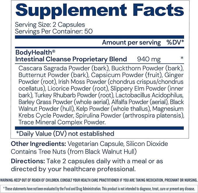 BodyHealth Intestinal Cleanse - Eliminate, Colon Cleanser Detox, Gentle Laxative Pills and Bowel Flush Constipation Relief for Adults, Body Cleanse for Colon Health and Clean Gut (100 Capsules)