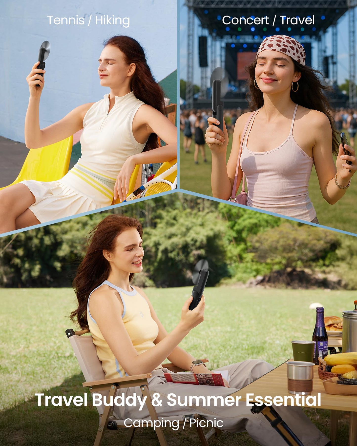 GAIATOP Portable Handheld Fan, 3 IN 1 Mini Foldable Travel Fans [17H Max Cooling Time] with Power Bank, Pocket Design USB Rechargeable for Travel Concert Lash Makeup, Summer Gifts for Women Girl Black