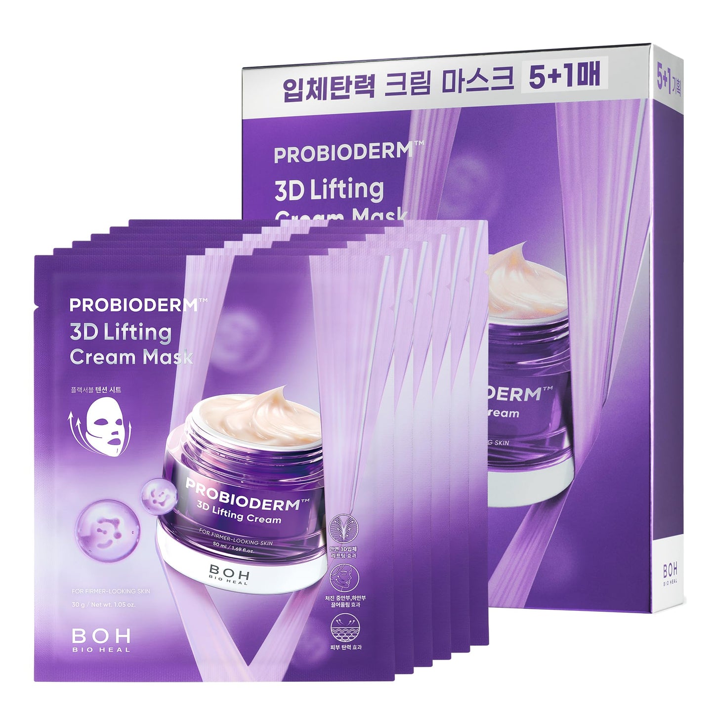 BIOHEAL BOH Probioderm 3D Lifting Cream Mask 6 Sheets | Korean Collagen Face Mask for Wrinkles, Firming & Anti-Aging | Probiotic Skincare Sheet for Sagging Skin, Instant Lift & Hydration