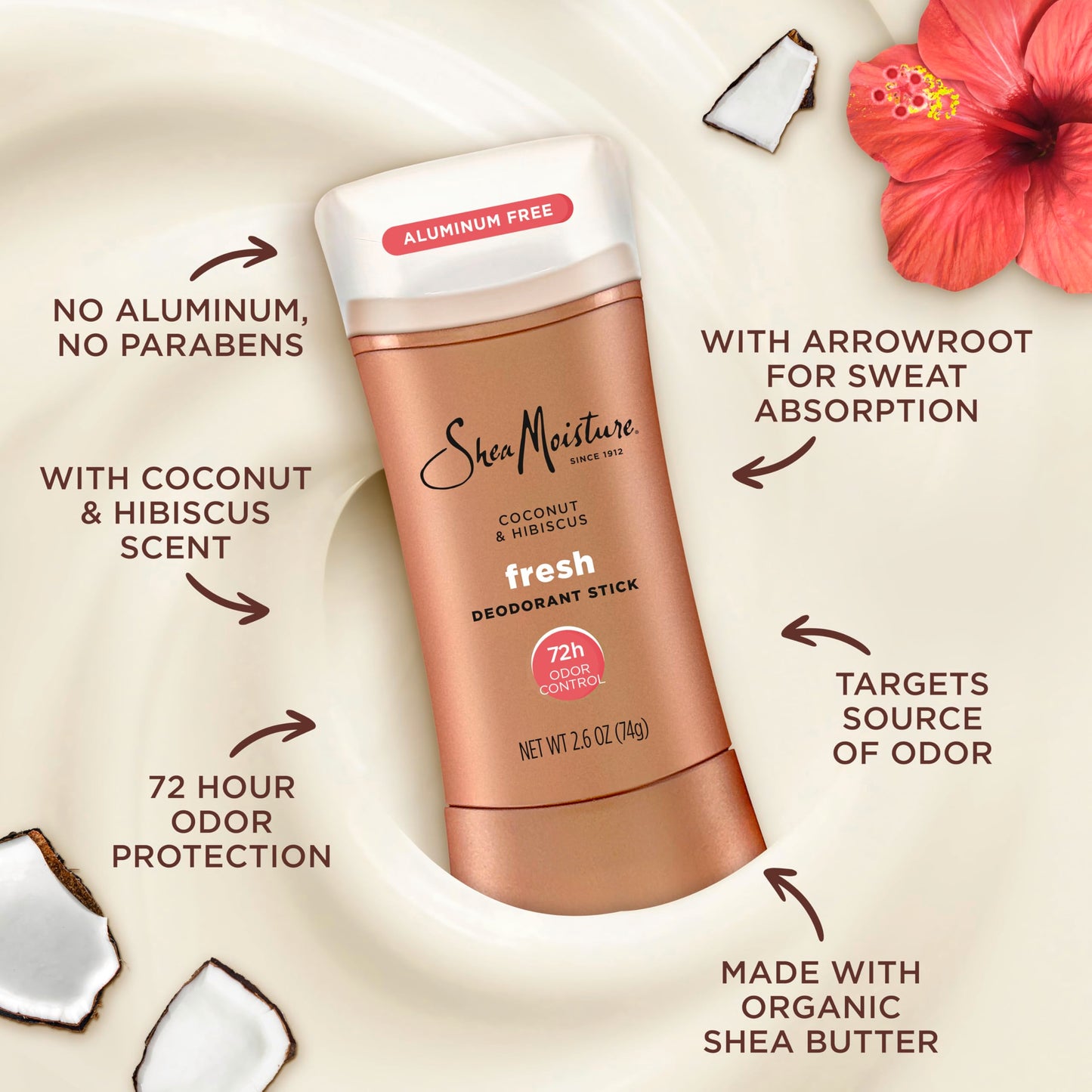 SheaMoisture Deodorant Stick 72h Odor Control Coconut & Hibiscus Fresh Aluminum Free 2.6 oz