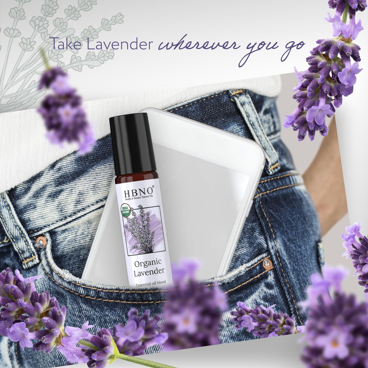 HBNO Organic Lavender Essential Oil Roll-On - 1/3 oz (10 ml) Travel Size - USDA Certified Organic Lavender and Mct Oils - Perfect for Traveling, Aromatherapy, Massage, perfumes, moisturizer