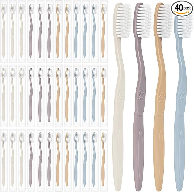 40-Pack Individually Wrapped Toothbrushes with Tongue Scraper | Bulk Soft Bristle Toothbrush Set for Adults, Travel-Friendly Disposable Toothbrushes for Hotels, Dental Offices(Multi-Colored)