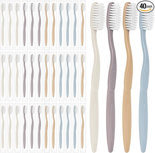 40-Pack Individually Wrapped Toothbrushes with Tongue Scraper | Bulk Soft Bristle Toothbrush Set for Adults, Travel-Friendly Disposable Toothbrushes for Hotels, Dental Offices(Multi-Colored)