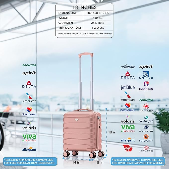 Carry On Suitcase Hardside Built In TSA Lock & USB Port Silent Double Spinner Wheels Maximum Underseat Carry-On Bag For American & United Approved Airlines( 18x14x8" ,Pink )