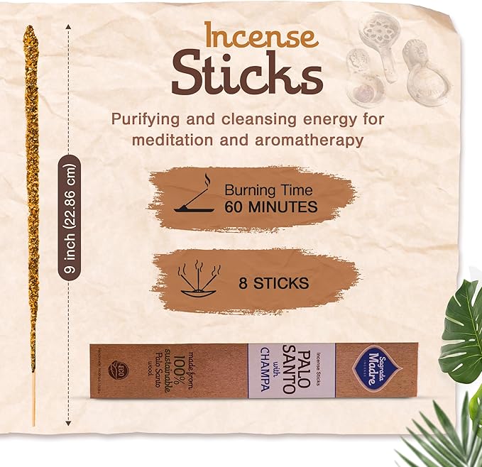 8pcs Wildly Harvested Thick Palo Santo Incense Sticks (Champa), 9” Long - Eco Friendly, Non-Toxic, Aromatic Incense Sticks (1hr Burning Time) to Heal & Calm Your Body and Environment