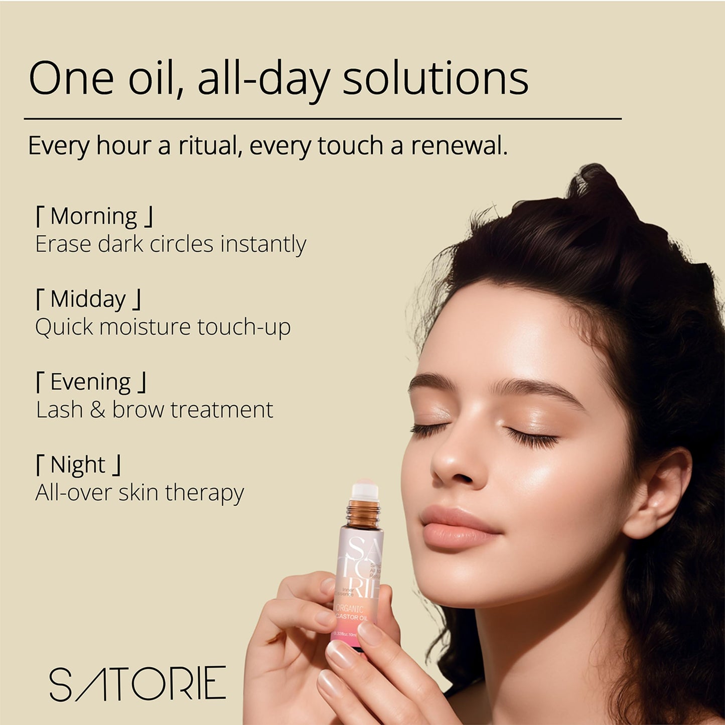 SATORIE Organic Castor Oil with Rose Quartz Rollerball - USDA Certified 100% Castor Oil Roll-on for Face, Under Eyes, Brows & Lashes; Deep Moisture, Soothing, Promotes Hair Growth