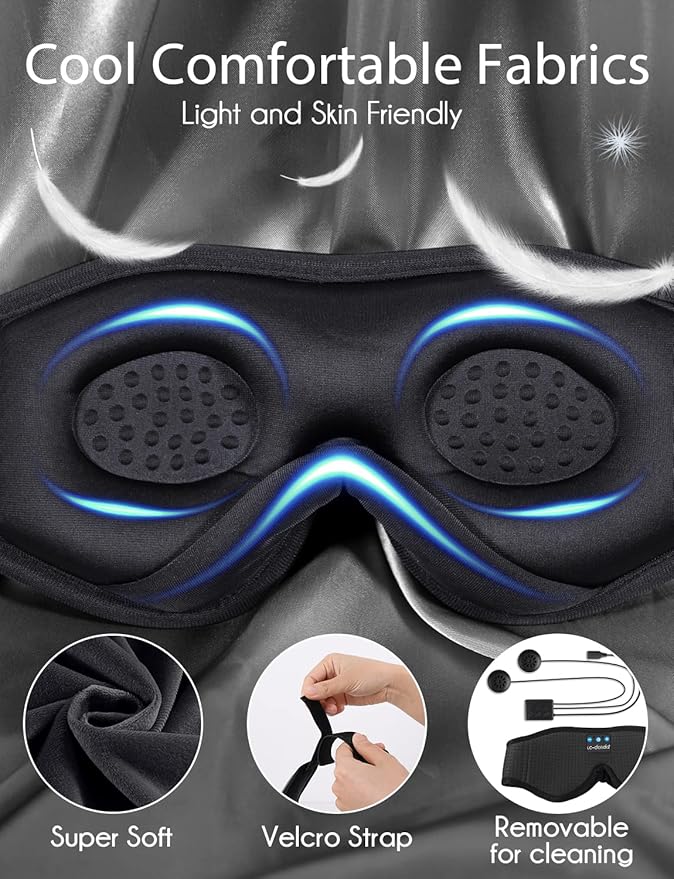 LC-dolida Sleep Headphones, Sleep Mask Bluetooth Wireless Music Eye Mask, Sleeping Headphones for Side Sleepers Sleep Mask with Bluetooth Headphones Ultra-Thin Stereo Speakers Perfect for Sleeping