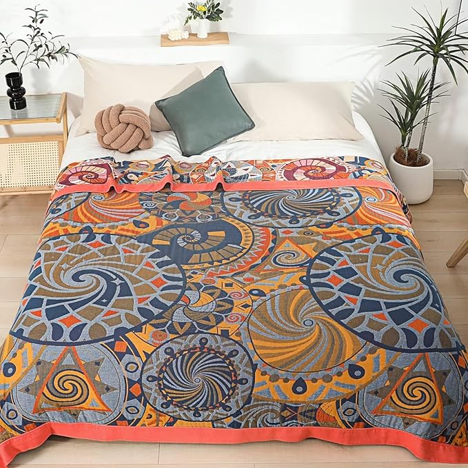 Boho Throw Blanket, King Size Pure Cotton Circle Pattern Muslin Throw Blankets for Adults, Cozy Warm Throws for Couch, Versatile Halleween Mexican Blankets,90"x98"