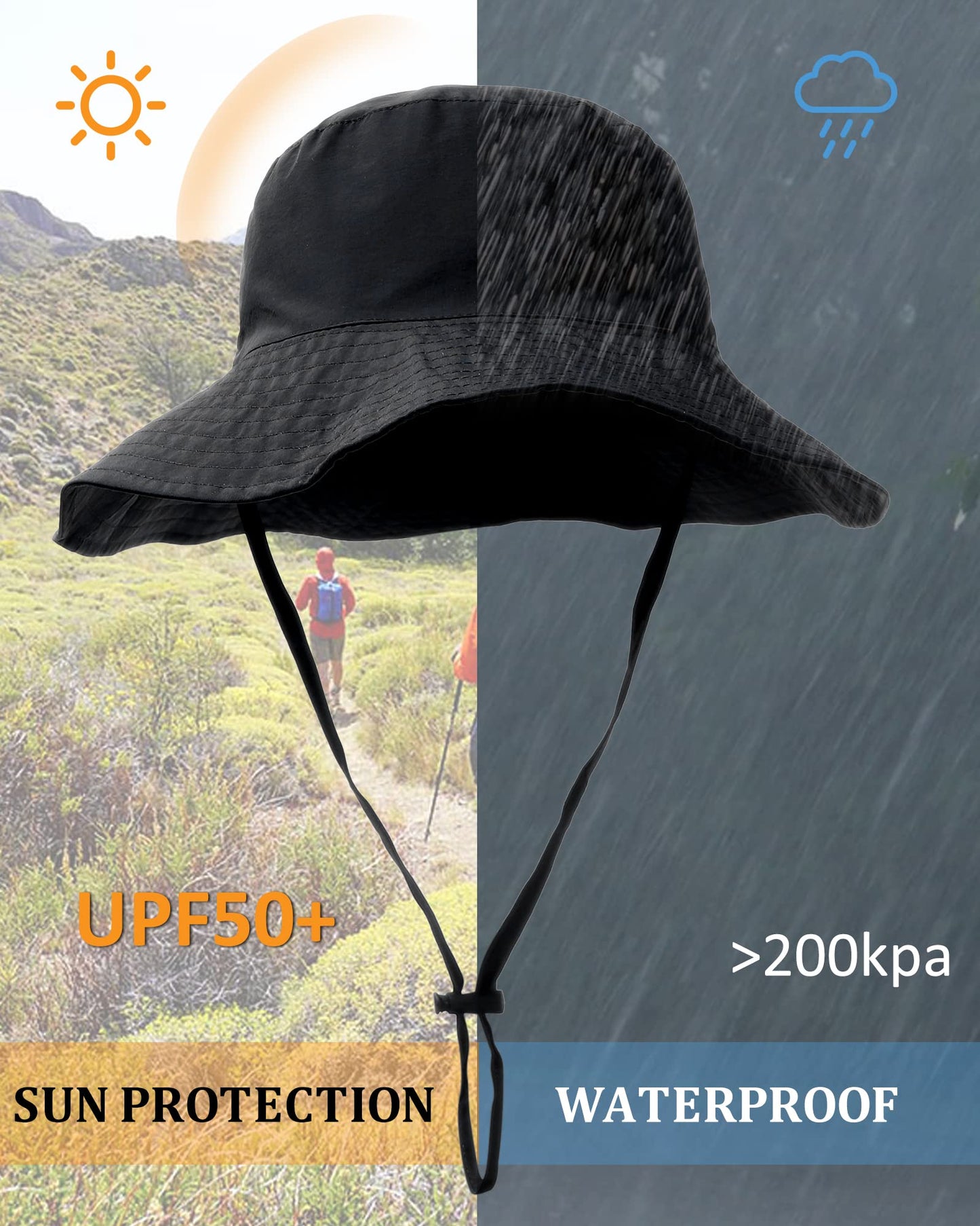 Waterproof Sun UPF 50+ Bucket Hat UV Protection Packable Brimmed Boonie for Women Men Summer Lightweight Hiking Outdoor Cap Black