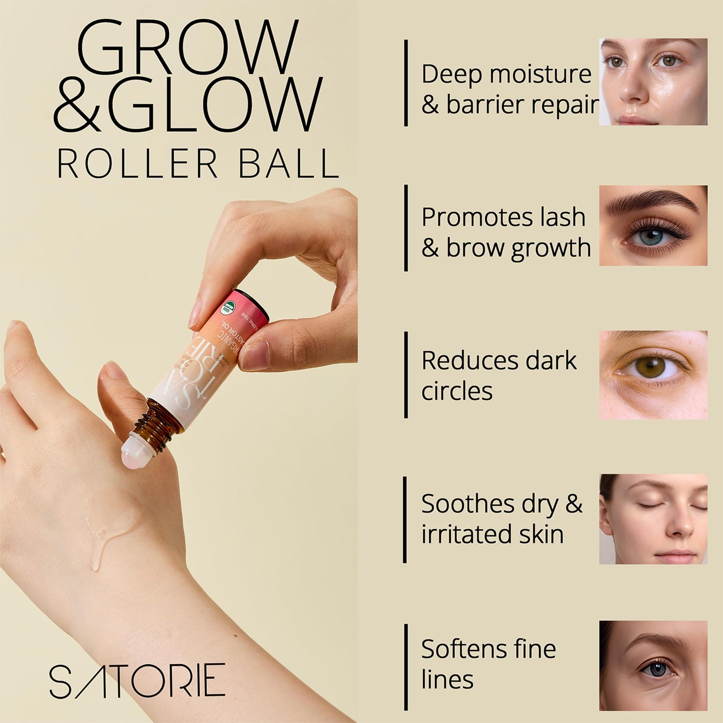 SATORIE Organic Castor Oil with Rose Quartz Rollerball - USDA Certified 100% Castor Oil Roll-on for Face, Under Eyes, Brows & Lashes; Deep Moisture, Soothing, Promotes Hair Growth