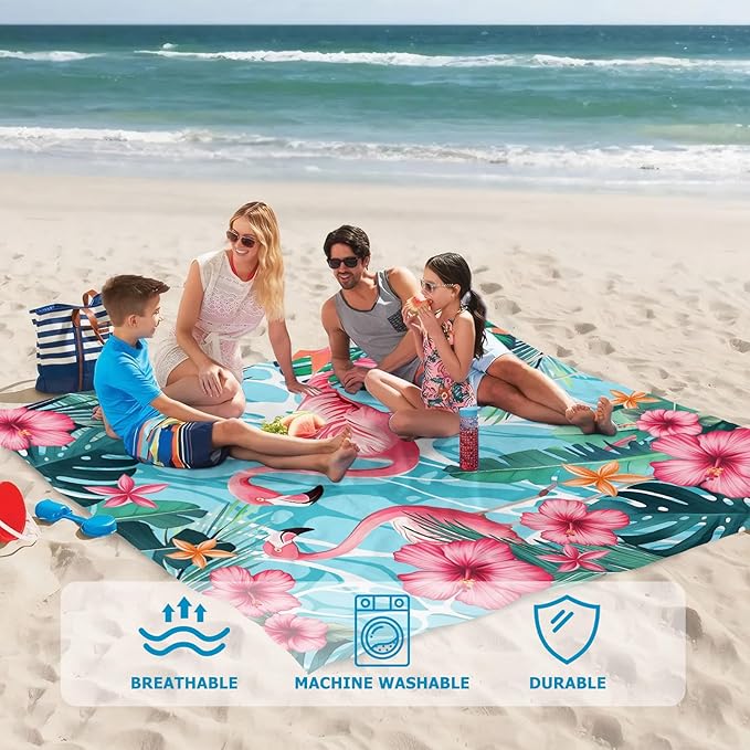 Beach Blanket Waterproof Sandproof, Flamingo Oversized Extra Large Picnic Mat 83"×95"/8 × 7 FT for 1-7 Adults for Travel Camping Hiking, Quick Drying Lightweight Outdoor Beach Vacation Essentials