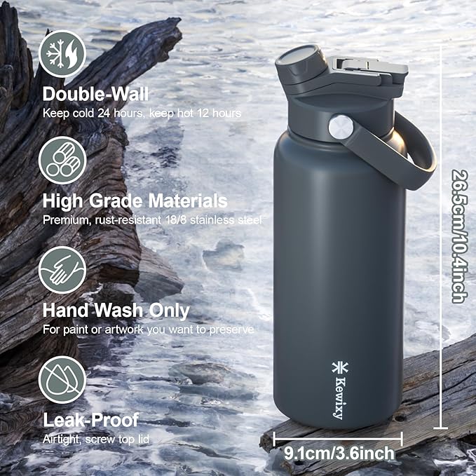 32 oz Insulated Water Bottle, 2-in-1 Lid, Straw & Spout with Protected, Leak Proof, Keep Cold, Stainless Steel, Metal, Reusable, Handle, for Outdoor, Gym and School, 2 Lids, Char Gray