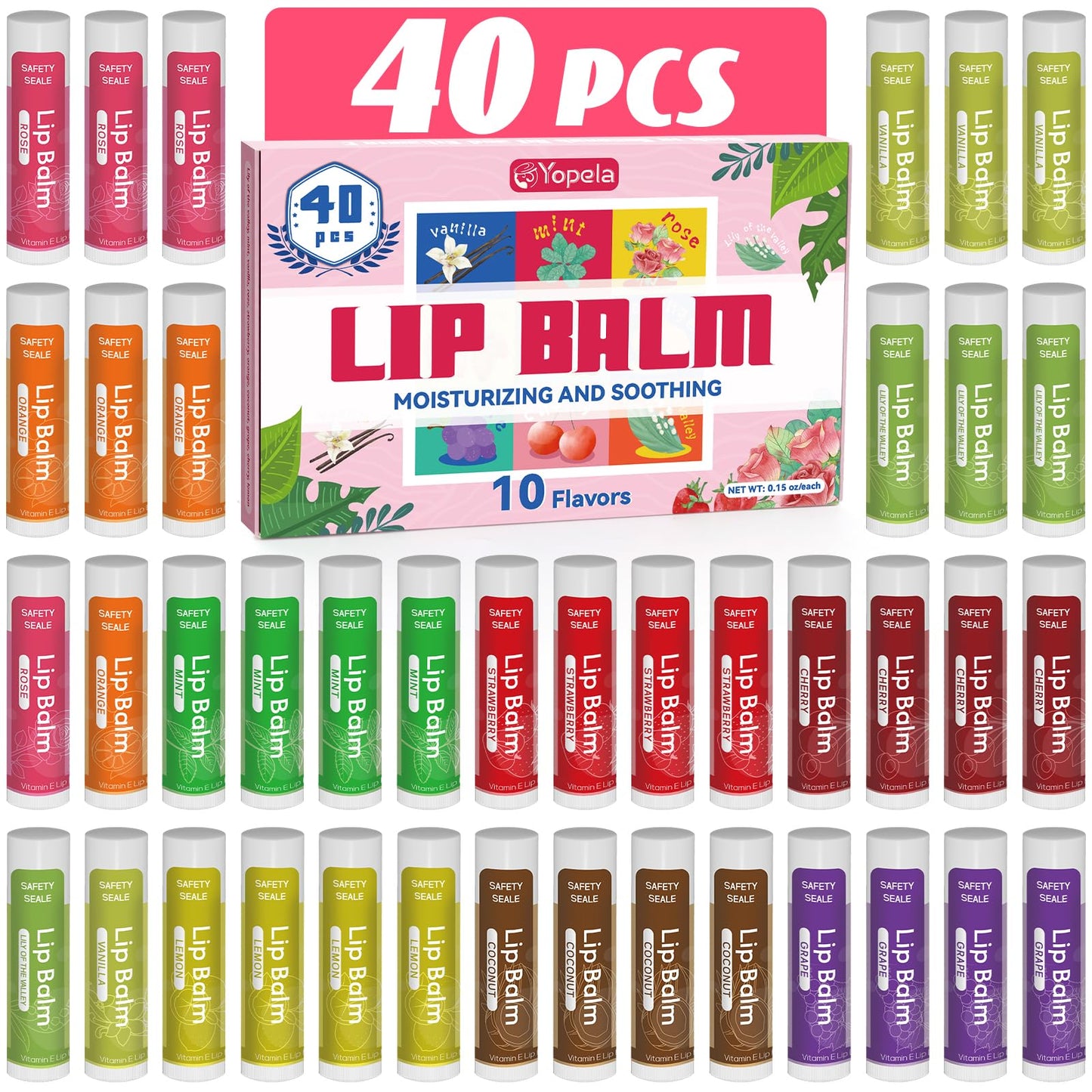 40 Pack Natural Lip Balm Bulk with Vitamin E and Coconut Oil - Moisturizing Dry Cracked Lips, Mini Chap Stick Gifts for Kids Women Men- 10 Flavors - Non-GMO