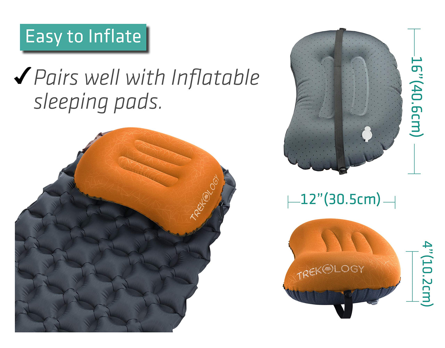 TREKOLOGY Ultralight Inflatable Camping Travel Pillow - ALUFT 2.0 Compressible, Compact, Comfortable, Ergonomic Inflating Pillows for Neck & Lumbar Support While Camp, Hiking, Backpacking