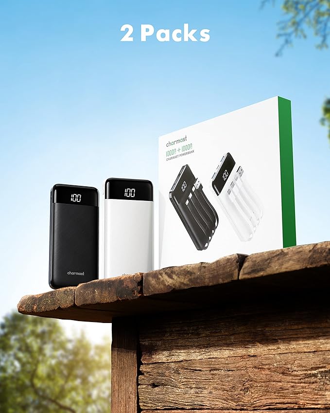 2 Packs Portable Chargers with Built in Cables, 2PCS Slim 10000mAh Travel Essentials Battery Pack 6 Outputs 3A Power Banks for iPhone Samsung Pixel LG Moto iPad