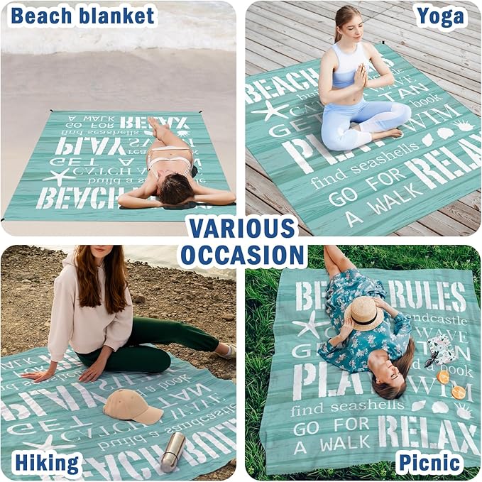 Beach Rules Pocket Picnic Blankets, Blue Seashell Coastal Mini Beach Camping Blanket Waterproof Sandproof, Rustic Sea RV Outdoor Picnic Blanket Mat Gifts for Camper Campsite Travel 55x60in