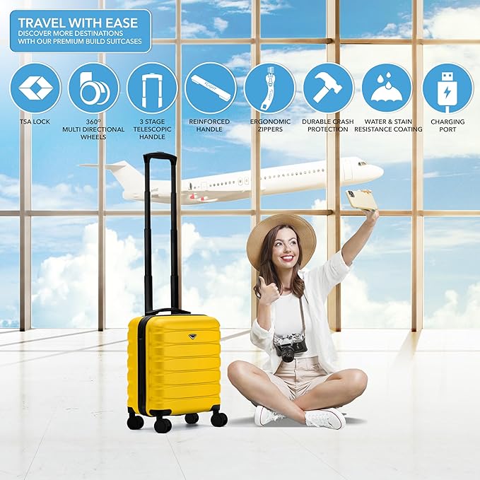 Carry On Suitcase Hardside Built In TSA Lock & USB Port Silent Double Spinner Wheels Maximum Underseat Carry-On Bag For American & United Approved Airlines( 18x14x8" ,Yellow )