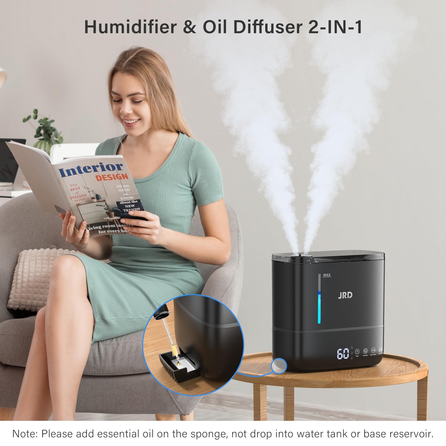JRD Top Fill 4L Humidifiers for Bedroom, Cool Mist Humidifiers for Large Room, 40H Runtime, 360° Nozzle, Essential Oil Diffuser, Ultrasonic Humidifier for Home Baby Plants