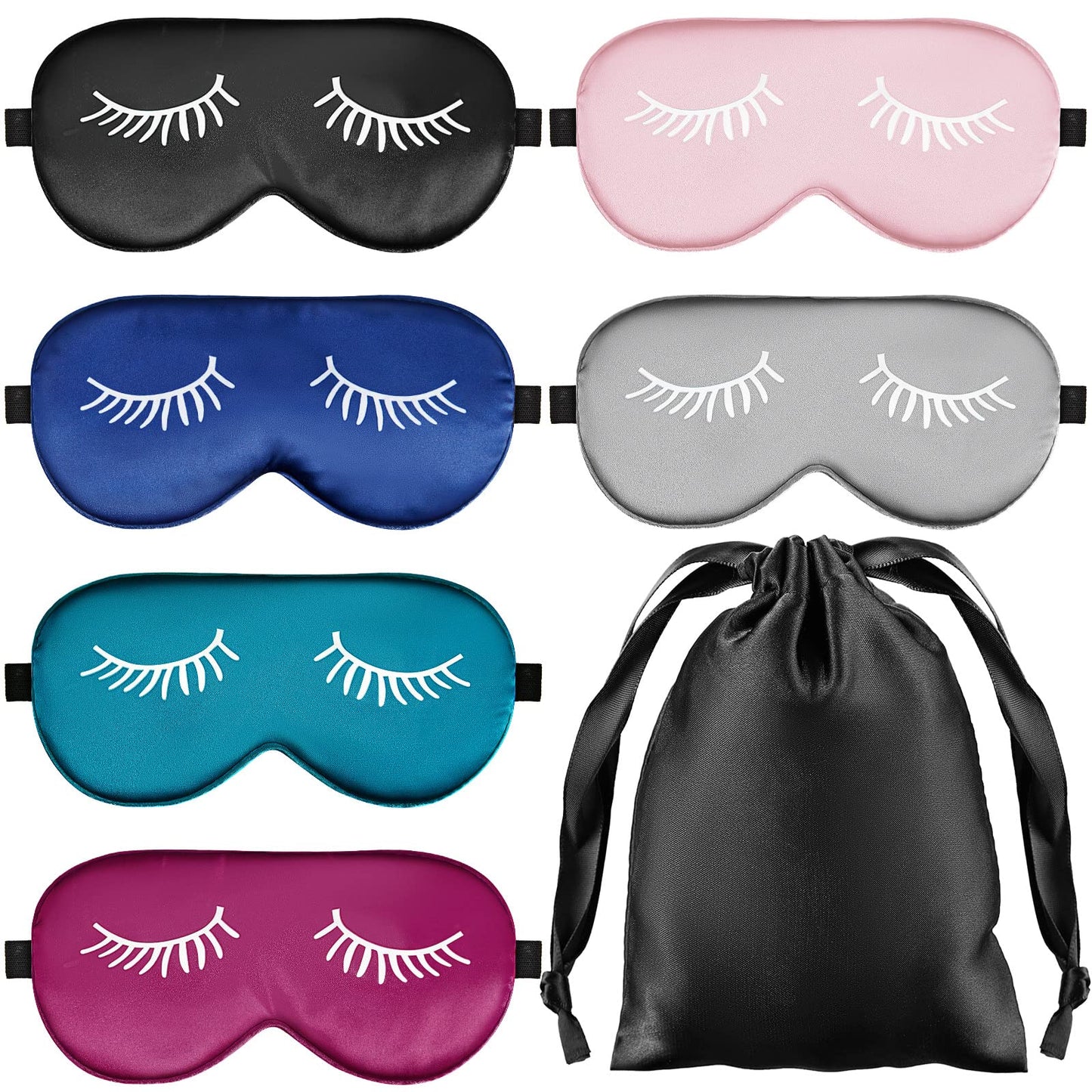 Jecery 6 Pieces Silk Sleep Eye Masks Soft Eye Masks Adjustable Blindfold Eyeshade Sleep Eye Cover Smooth Sleeping Masks with Storage Bag for Women Men Sleep Travel Nap
