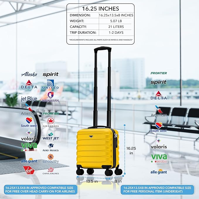 Carry On Suitcase Hardside TSA Lock & USB Port Silent Double Spinner Wheels Maximum Underseat Carry-On Bag For Virgin & South West Approved Airlines( 16.25x13.5x8" ,Yellow )
