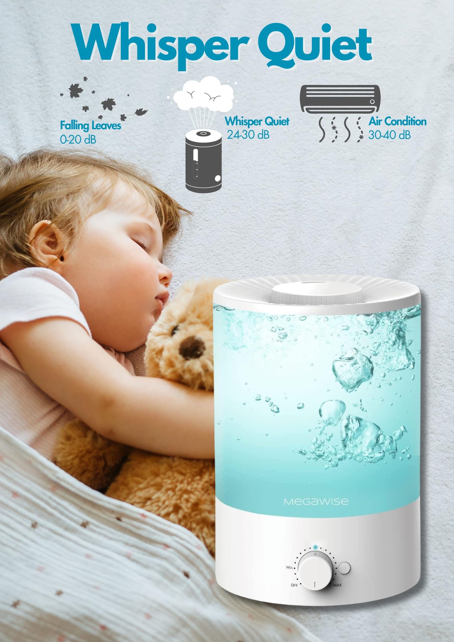 Megawise Cool Mist Humidifier | 2 Pack of 3.5L Capacity Top Refill for Nursery, Bedroom, Home and Office + Super Quiet Ultrasonic Vaporizer.