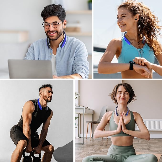 AMORNO Foldable Bluetooth Headphones Wireless Neckband Headset with Retractable Earbuds, Sports Sweatproof Noise Cancelling Stereo Earphones with Mic (Blue)