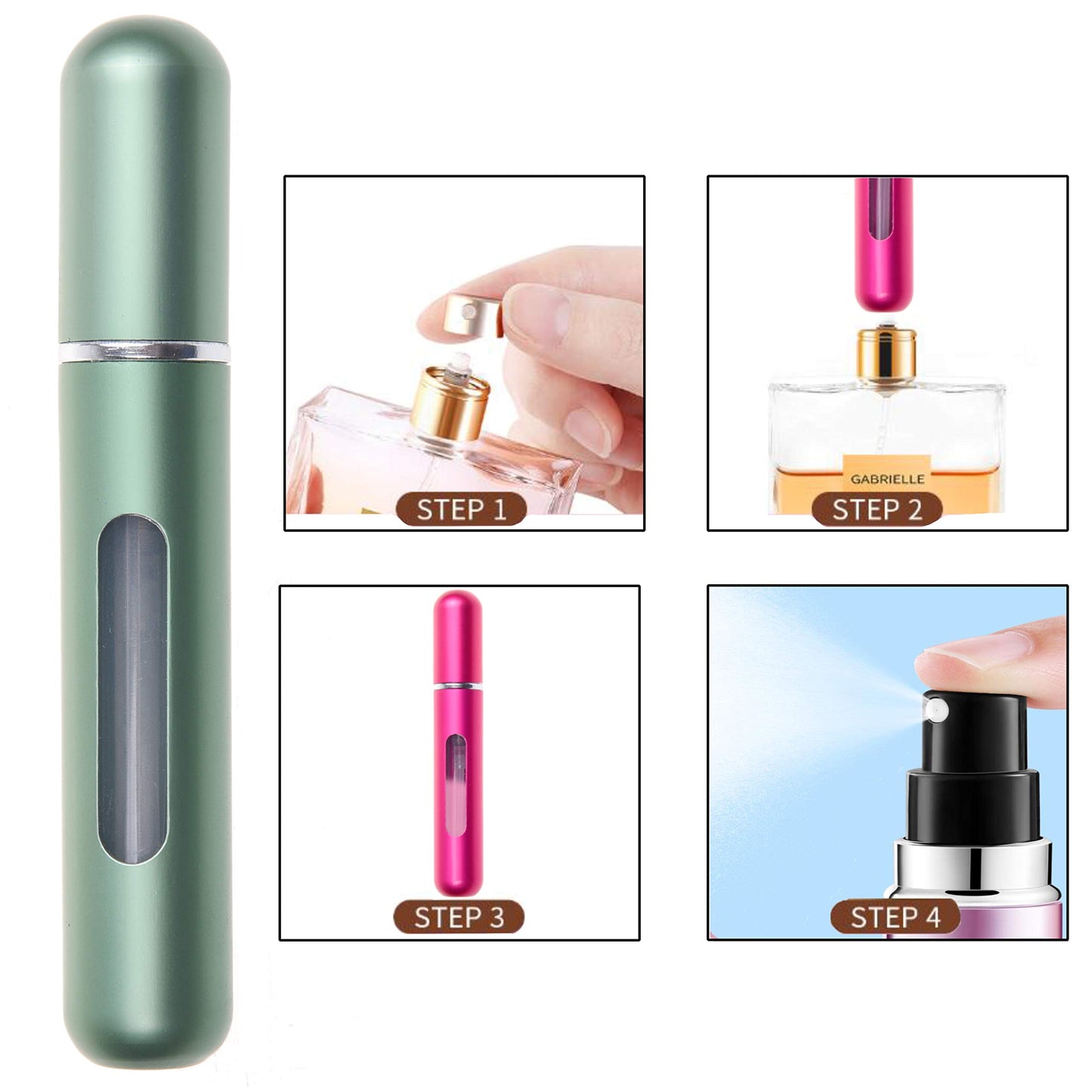 Kare & Kind 4x Mini Perfume Atomizer Bottles - Refillable Pump Spray Cases - Stainless Outer Shell with Transparent Glass Vial - For Perfumes, Body Sprays, Facial Mists, Oils - (Green/Blue/Pink/Red)
