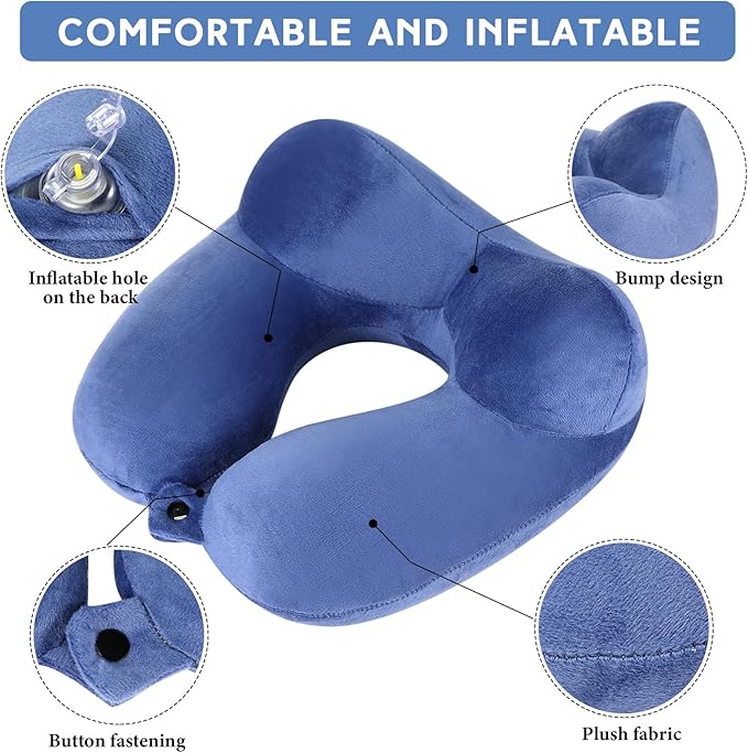 Sintuff 2 Pcs Inflatable Travel Pillow with Compact Bag and Blindfold Velvet Inflatable Neck Airplane Pillow Washable Cushion for Airplanes Flight Car Long Traveling Kids Adults Grey Blue