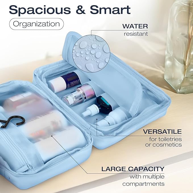 KAZAY Hanging Toiletry Bag with TSA Approved Detachable Pouch, Travel Toiletry Bag, Water Resistant, Premium Nylon, Travel Size Toiletries, Cosmetic Bag, Unisex (Light Blue)