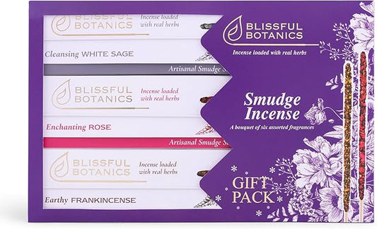 Tulasi Smudge Incense Sticks Gift Pack – 6 Scents x 40g Each – White Sage, Palo Santo, Lavender, Frankincense, Sandalwood, Rose – 48 Natural Herbal Incense for Aromatherapy, Yoga, Meditation