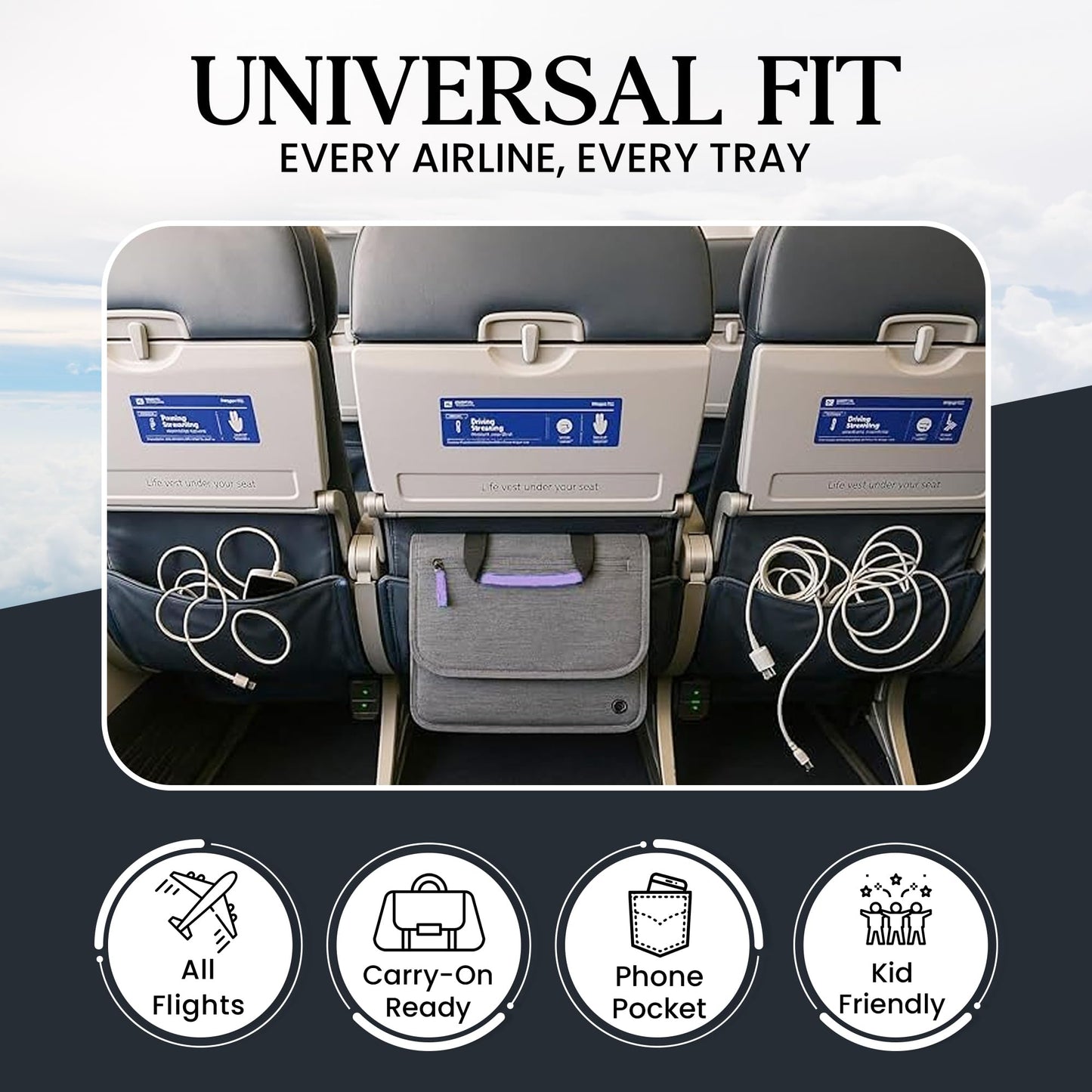 SO~MINE Airplane Pocket Organizer | Tray Table Cover | In Flight Seat Back Organizer Bag | Commuter Essential Travel Bag | Media Pouch For Flying | Travel Gift | Attaches To Luggage (Purple)